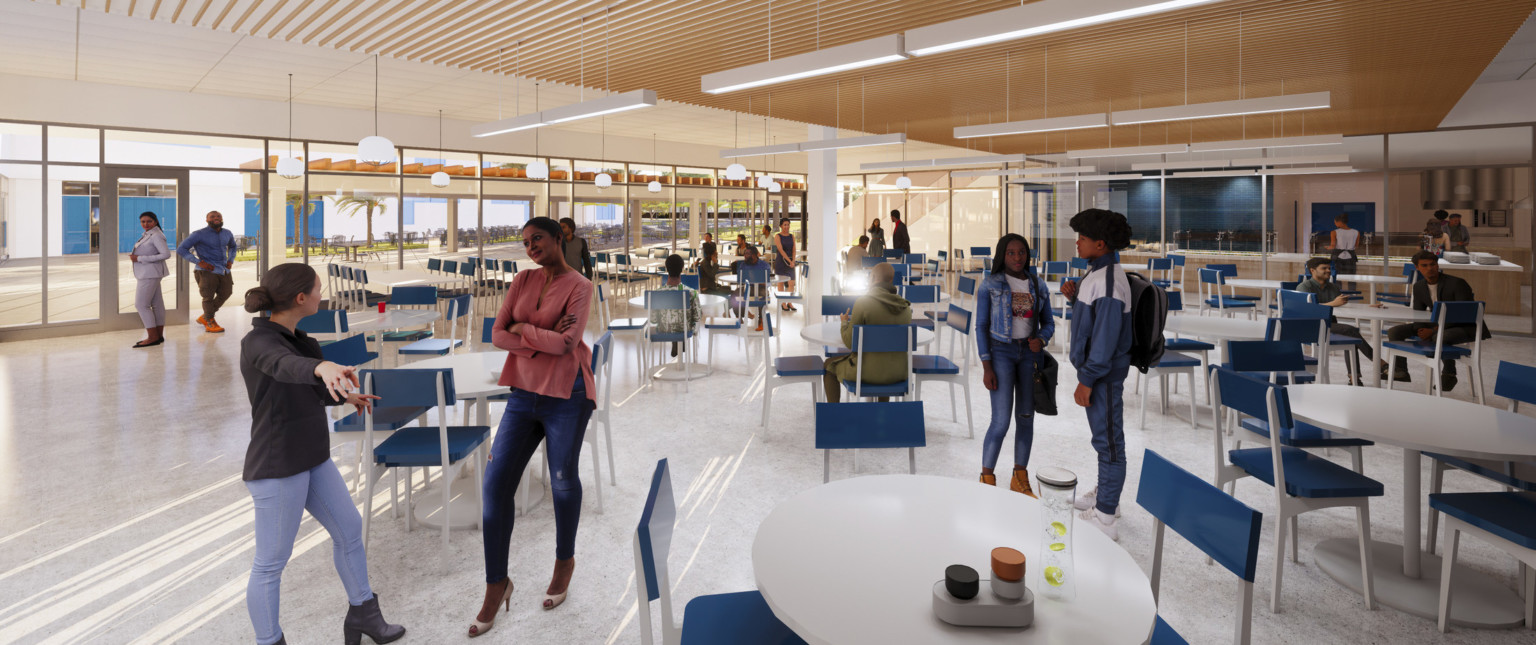 Cafeteria with wood slat ceiling detail with hanging light rods. More seating with pendant lights by floor to ceiling windows