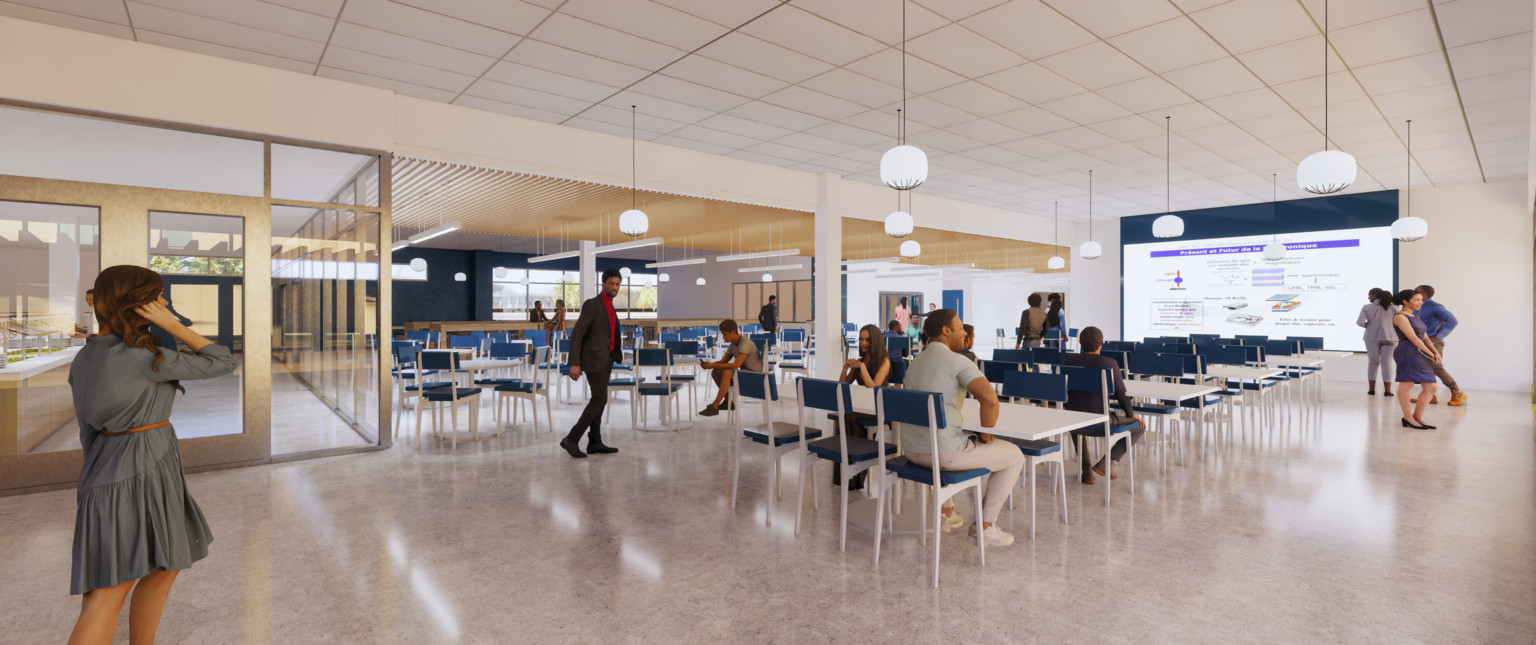 Open seating area with screen at front. White pendant lights hang overhead. Left, columns open into further seating space