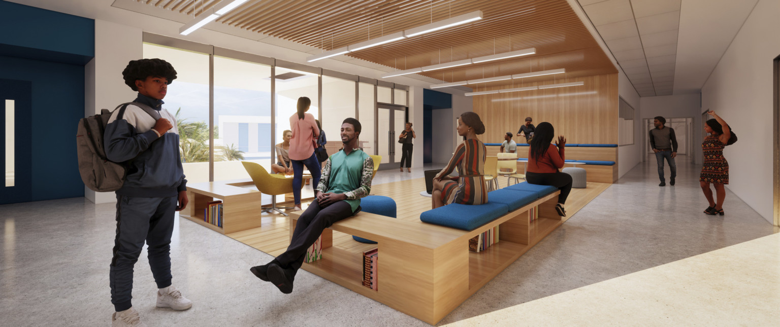 Wood alcove with storage benches and stepped seating. Wood slat ceiling details overhead differentiate space from hallway