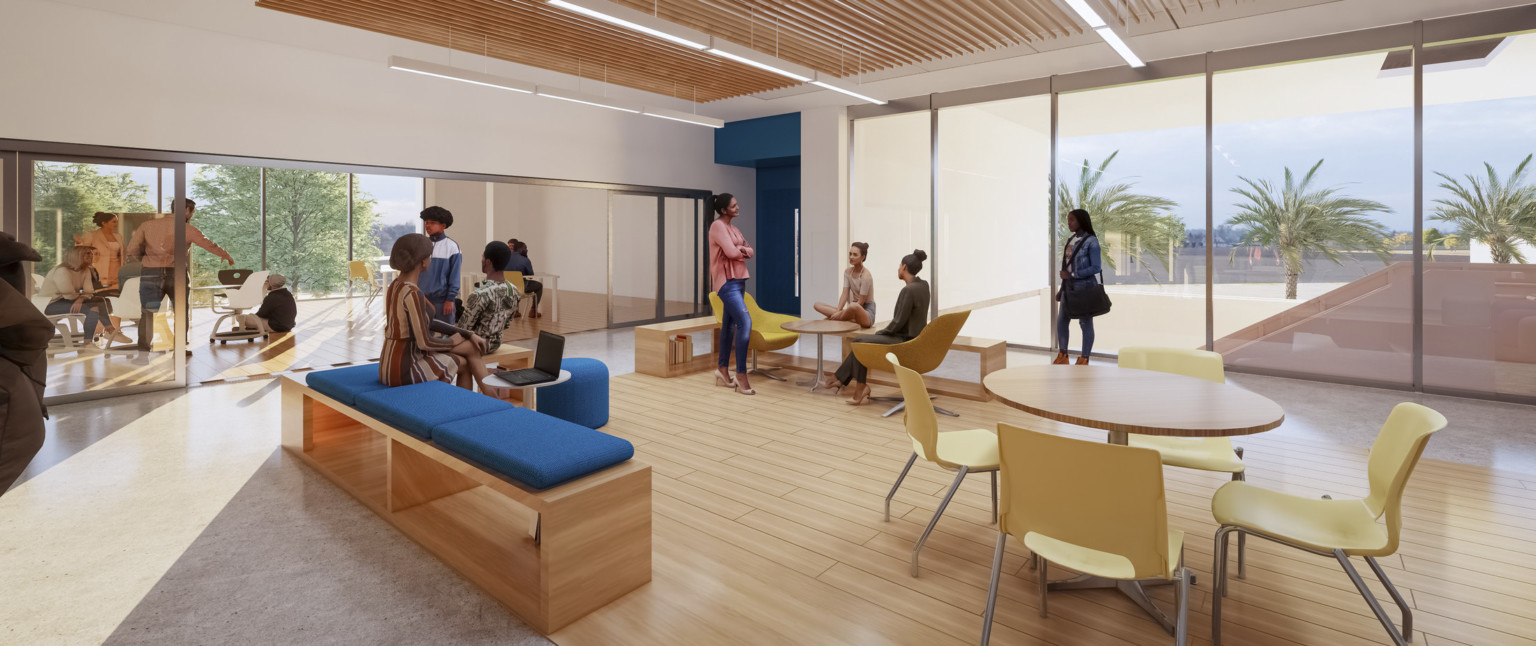 Another view of wood alcove. Blue recessed accent wall. Floor to ceiling windows in room, left, and along the hall