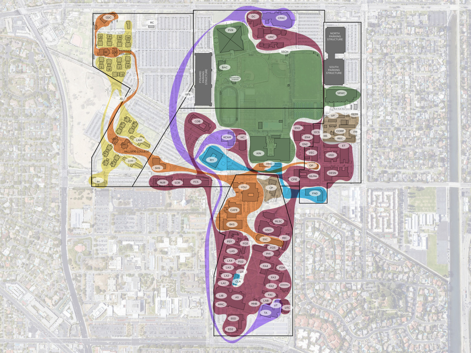 Gray low fidelity aerial map with a rectilinear campus section highlighted in green, purple, yellow, orange, maroon, and blue