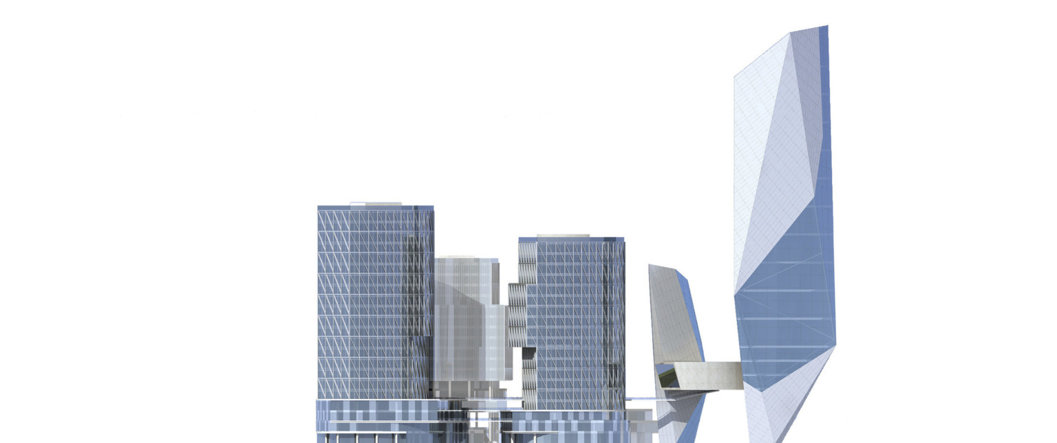 Rendering of the glass buildings and how they interconnect. Angular grey structures at right