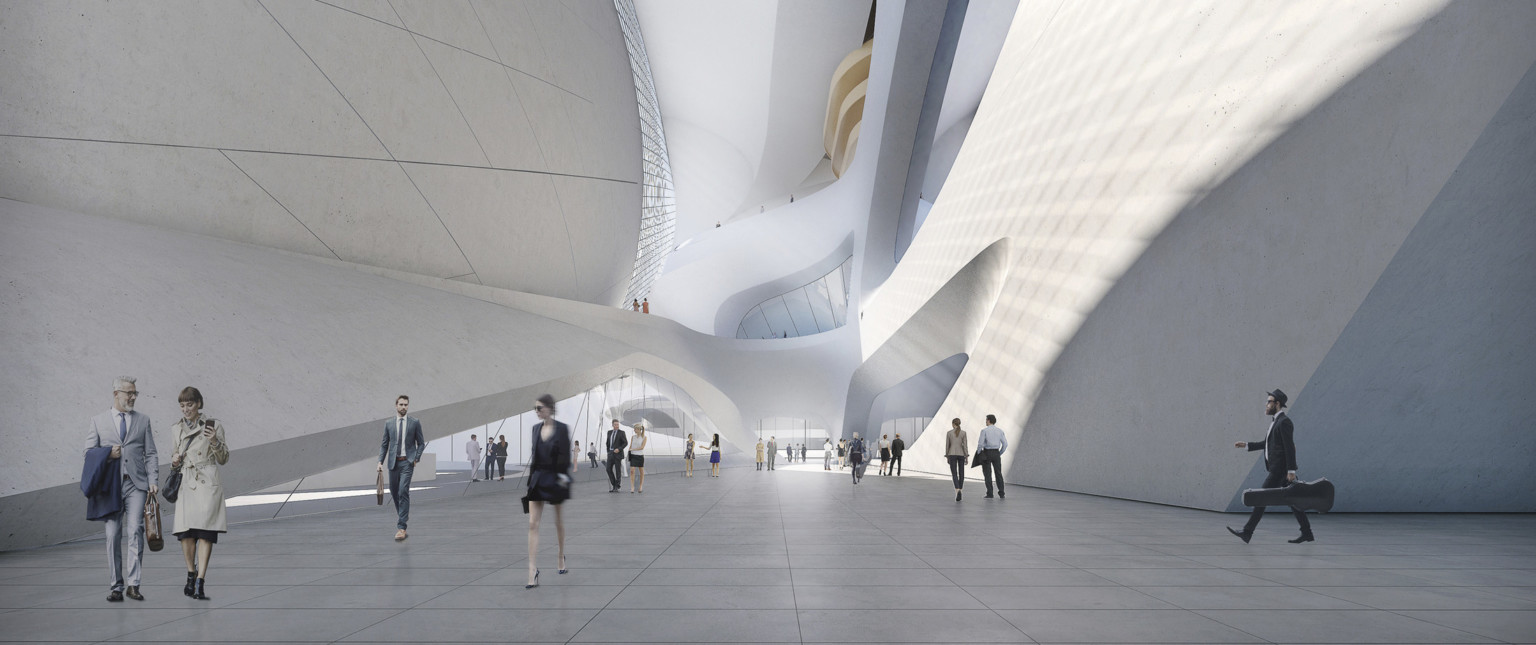 Interior walkway framed by white organic, sloping walls and geometric window designs