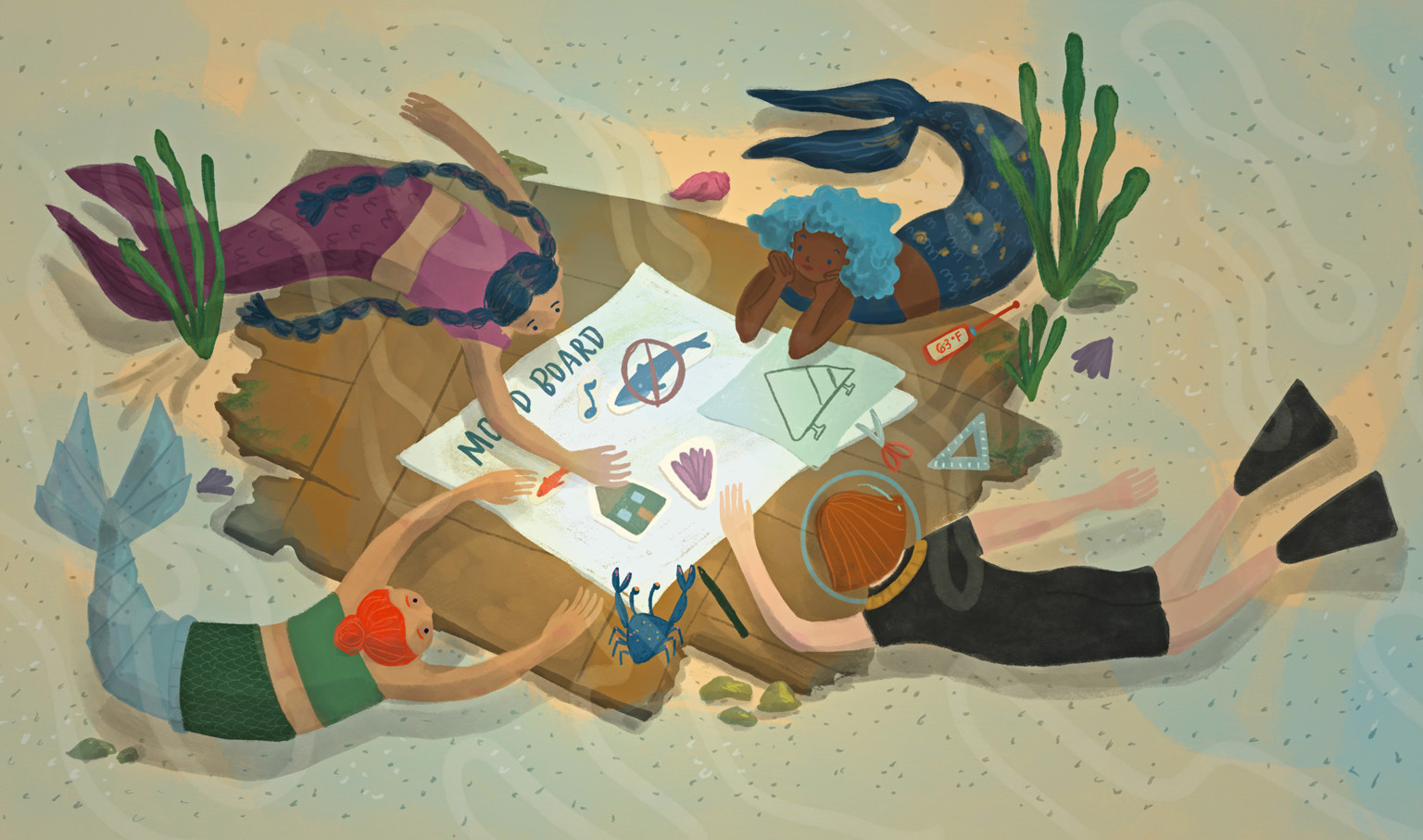 illustration by Mika Rane showing mermaids and a scuba diver collaborating around a vision board to develop design plans