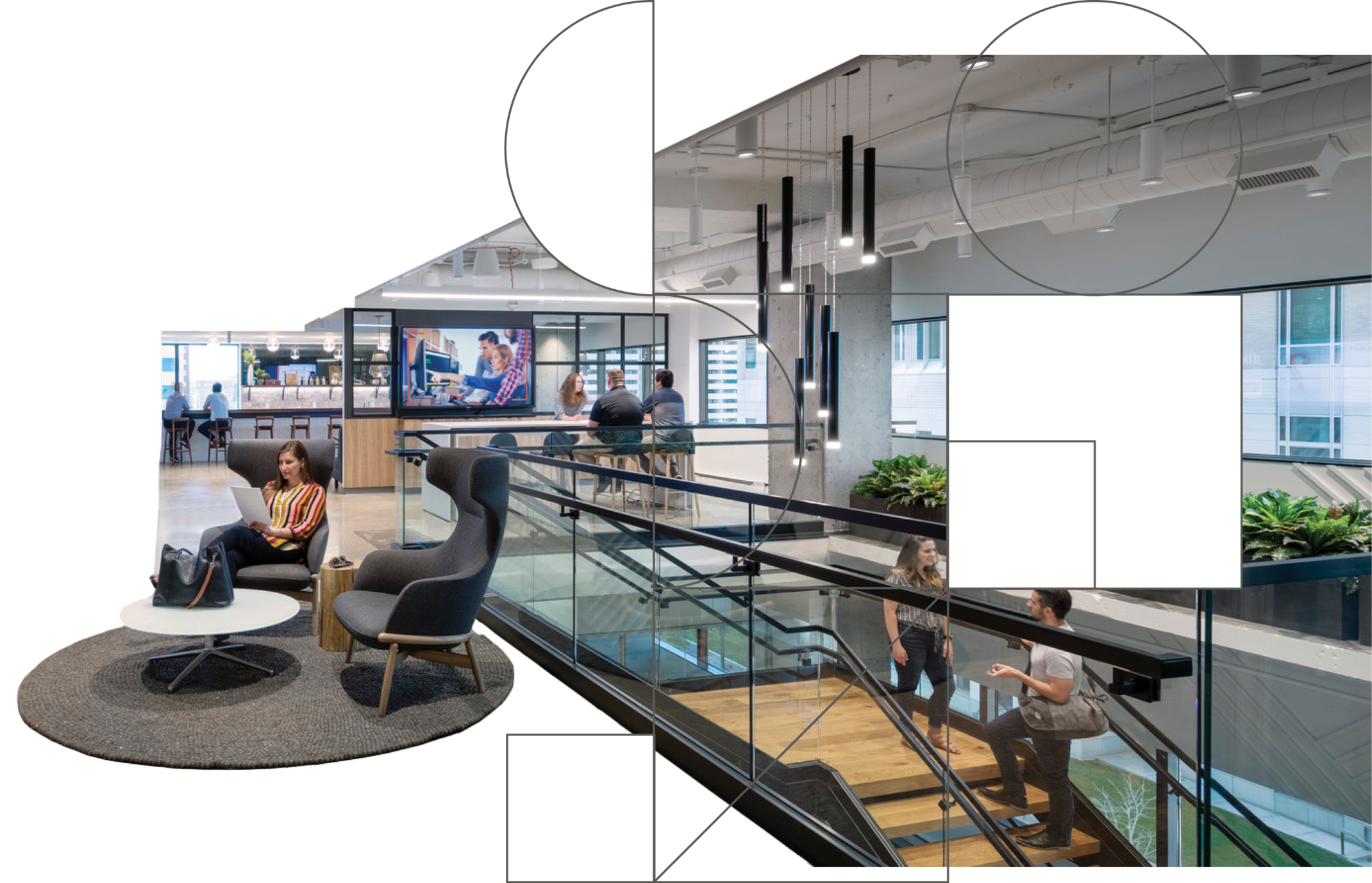 Image of an office space with conversation stairs. Space has been cutout and is overlaid with a geometric pattern