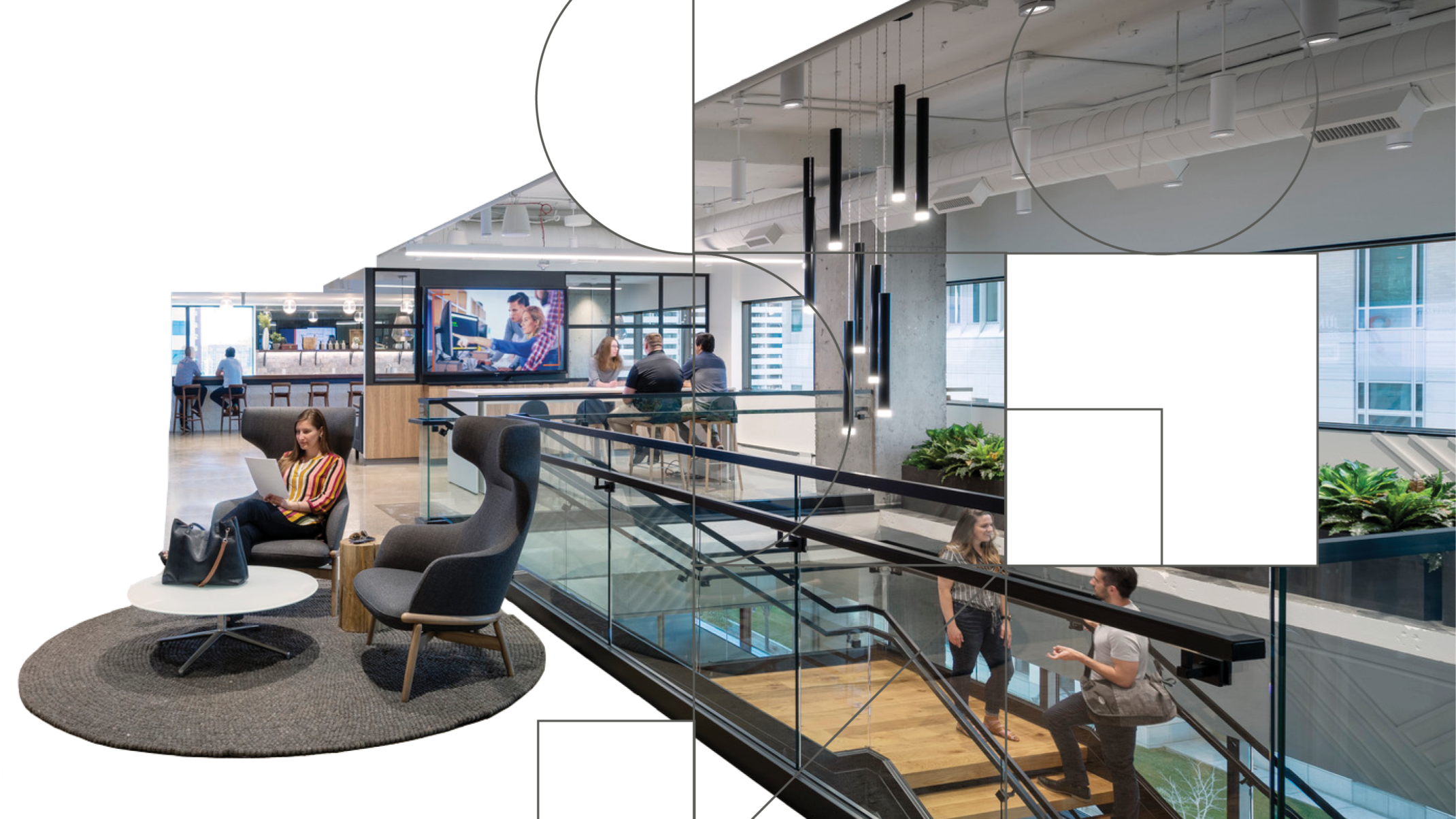 Image of an office space with conversation stairs. Space has been cutout and is overlaid with a geometric pattern