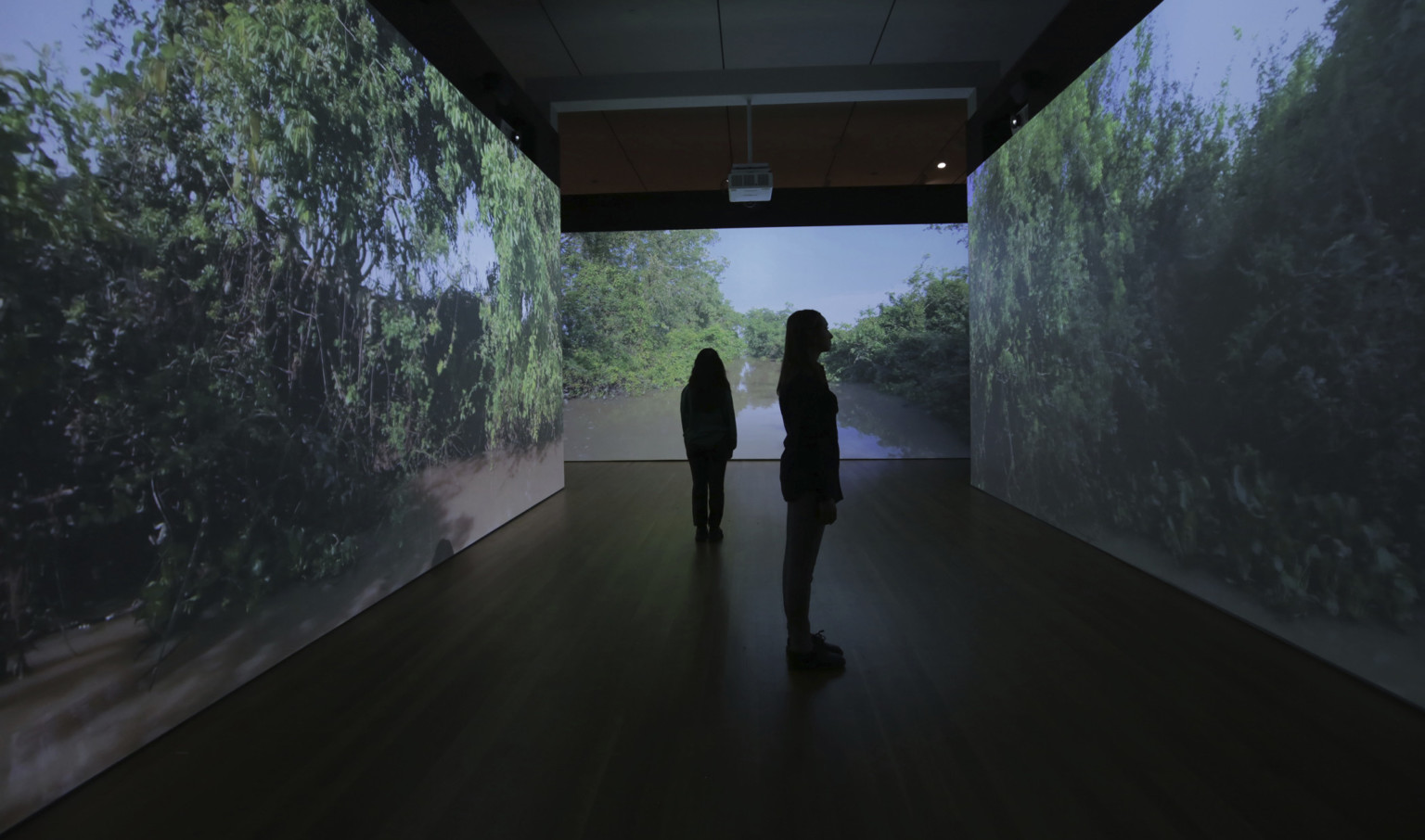 two darkened silhouettes stand apart in a dark room with three walls illuminated by projected images of a muddy river