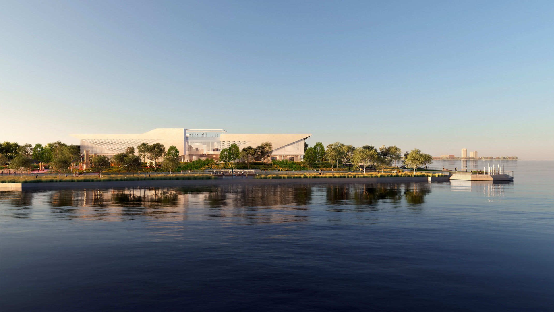 Design for the new MOSH building, a white 2 story structure angled inward at center with covered balcony looking to water Design for the new MOSH building, a white 2 story structure angled inward at center with covered balcony looking to water