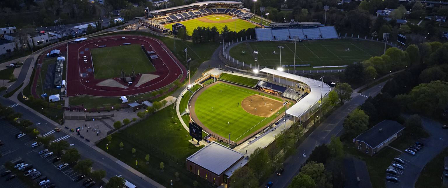 Aerial view of Palmer Park within the University of Virginia's athletic campus, 4 different field within the sports complex