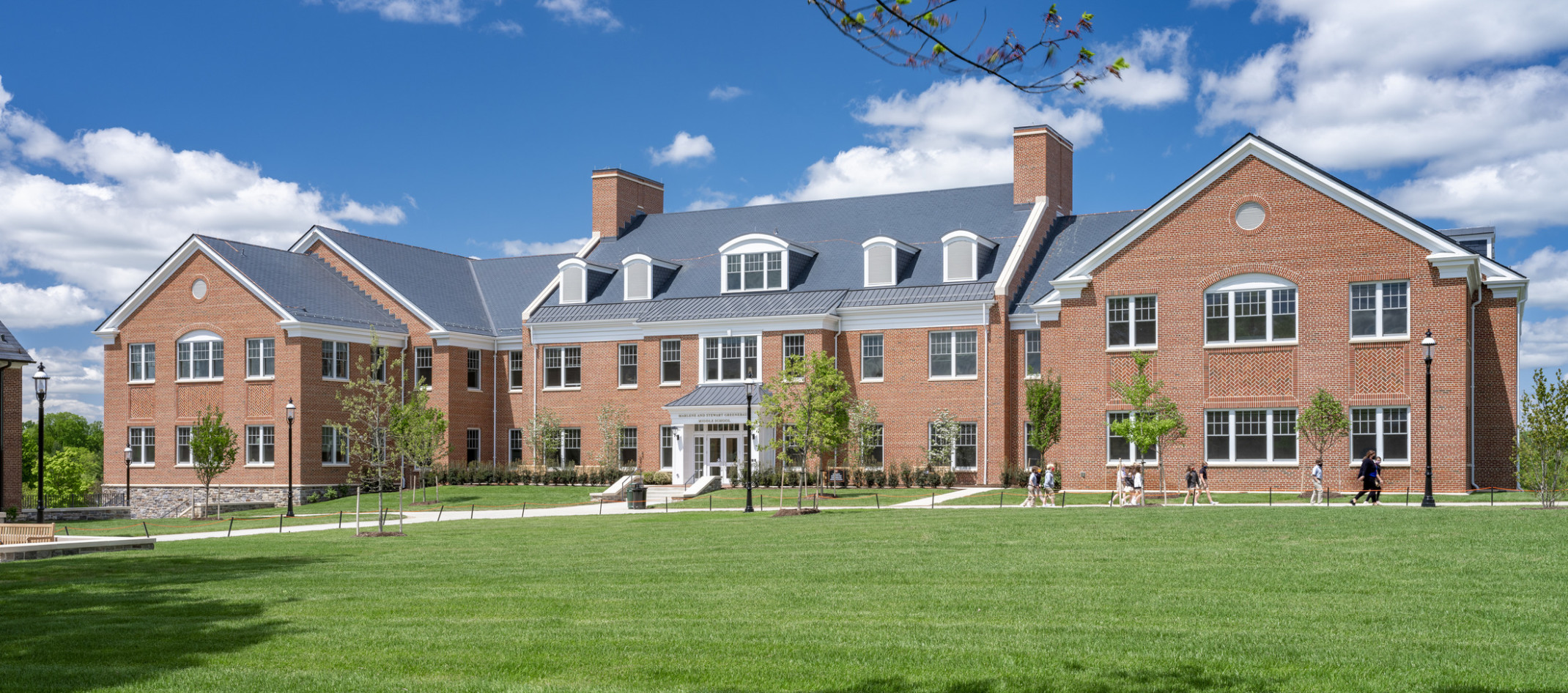 McDonogh School's Greenebaum Middle School redesigned building, three-story brick colonial building with white central entrance