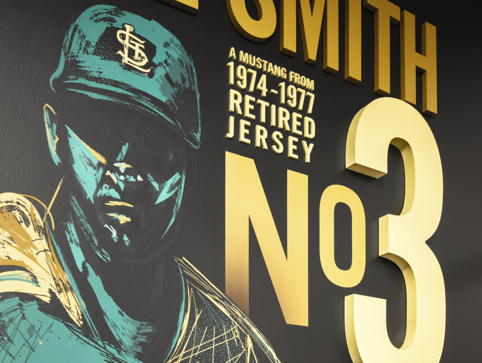 Green and yellow mural with black background of baseball player Ozzie Smith at California Polytechnic University