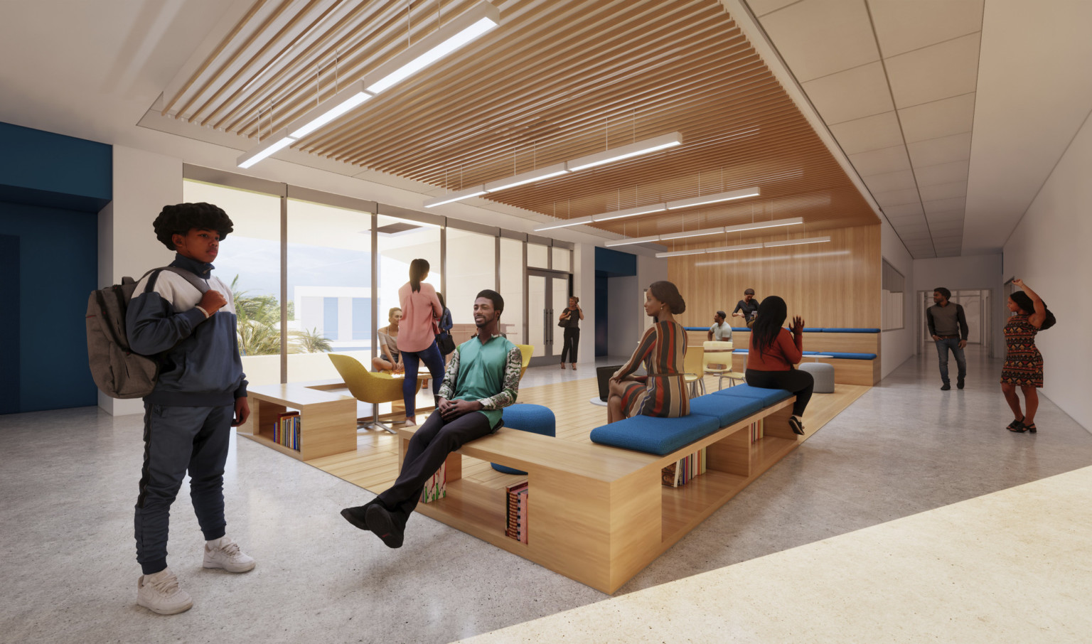 Wood alcove with storage benches and stepped seating. Wood slat ceiling details overhead differentiate space from hallway