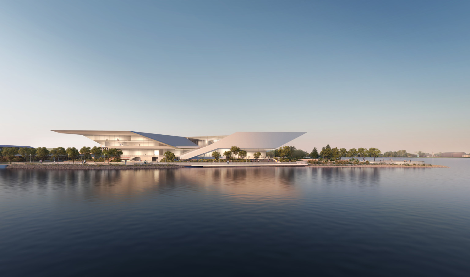 View of Jacksonville's Museum of Science and History design. Angled multistory building, pointed canopies, exterior walkways