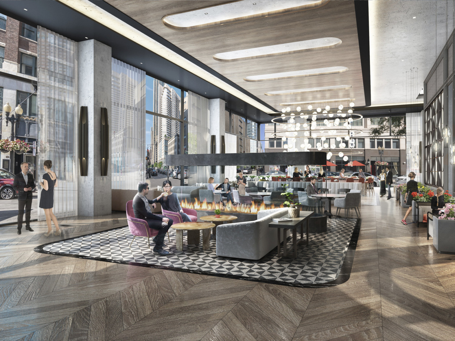 Interior double height lobby with natural lighting, mixed seating near central fire pit, bar with sculptural lights to back