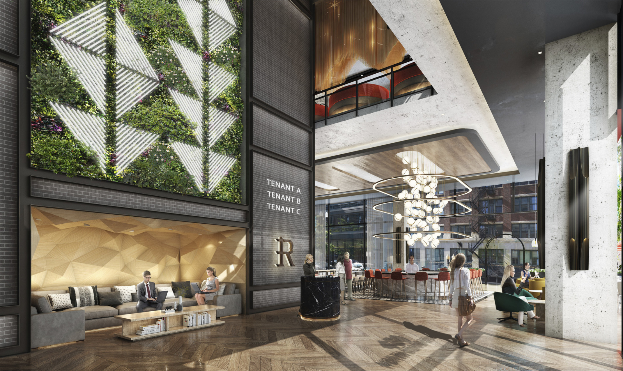 The Rivere office building with livingwall with illuminated geometric accents in double height lobby with sculptural lighting