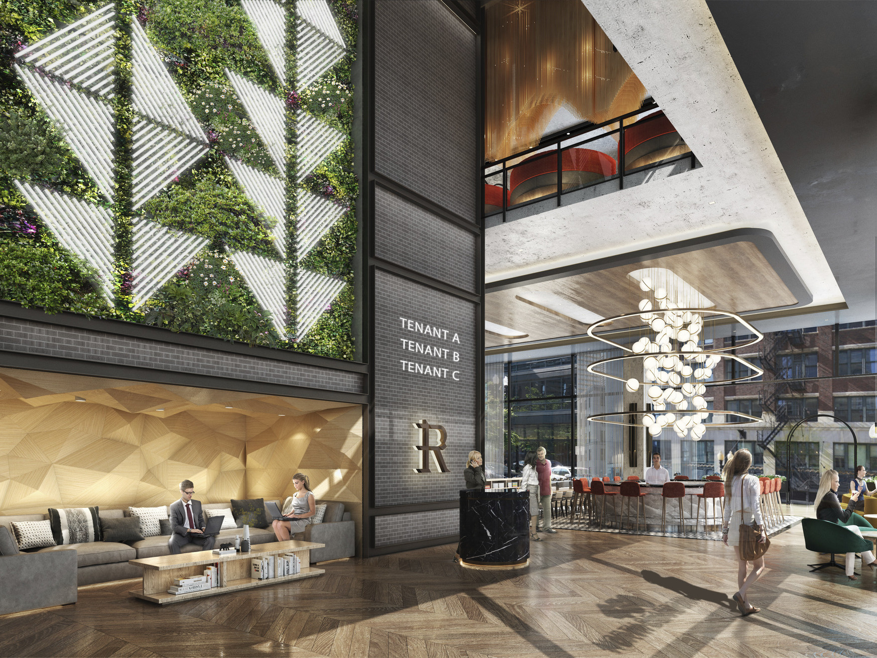 The Rivere office building with livingwall with illuminated geometric accents in double height lobby with sculptural lighting