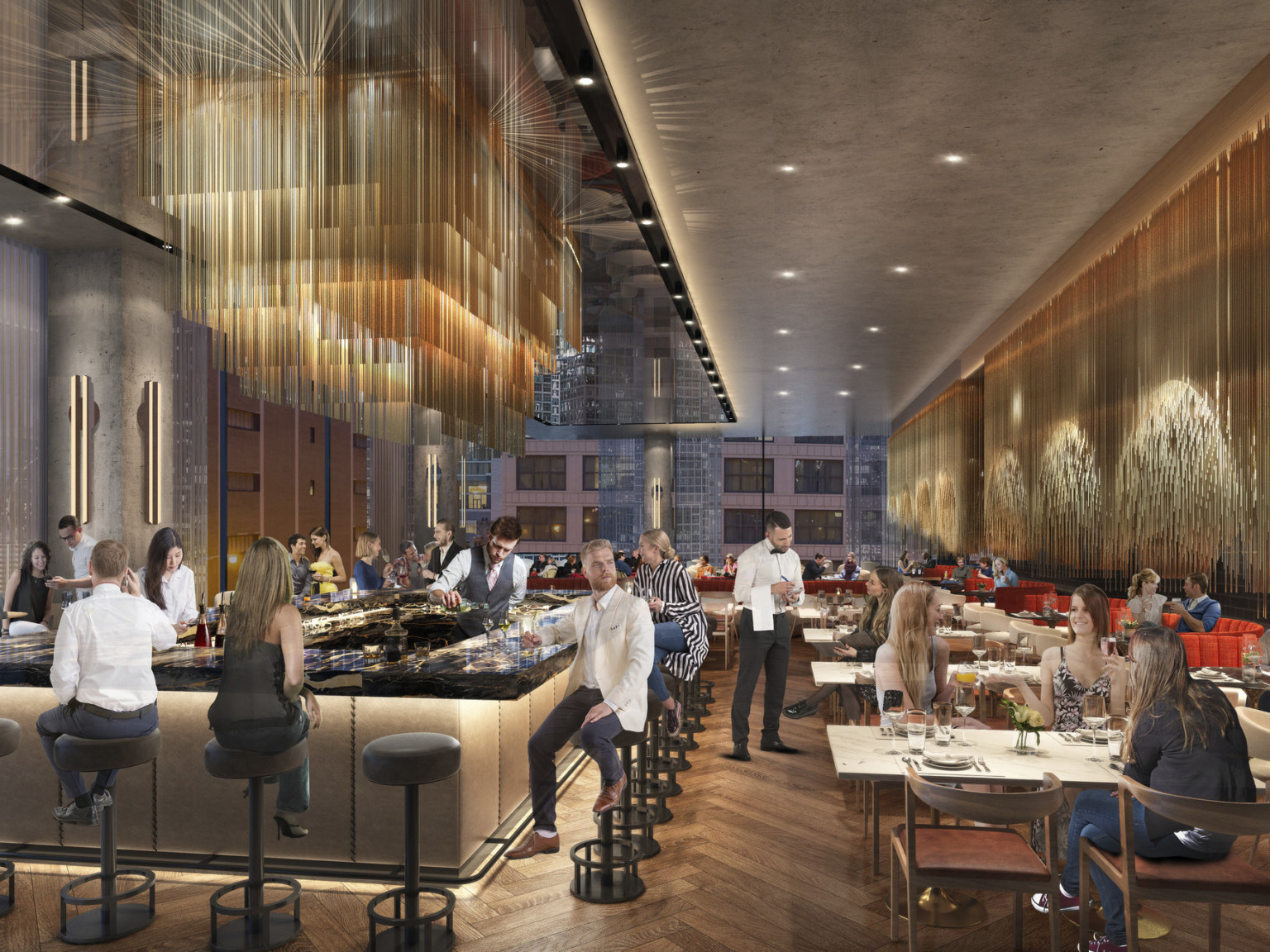 Restaurant with squared bar to left. Gold textural accent on right wall and chandelier. Floor to ceiling windows look to city