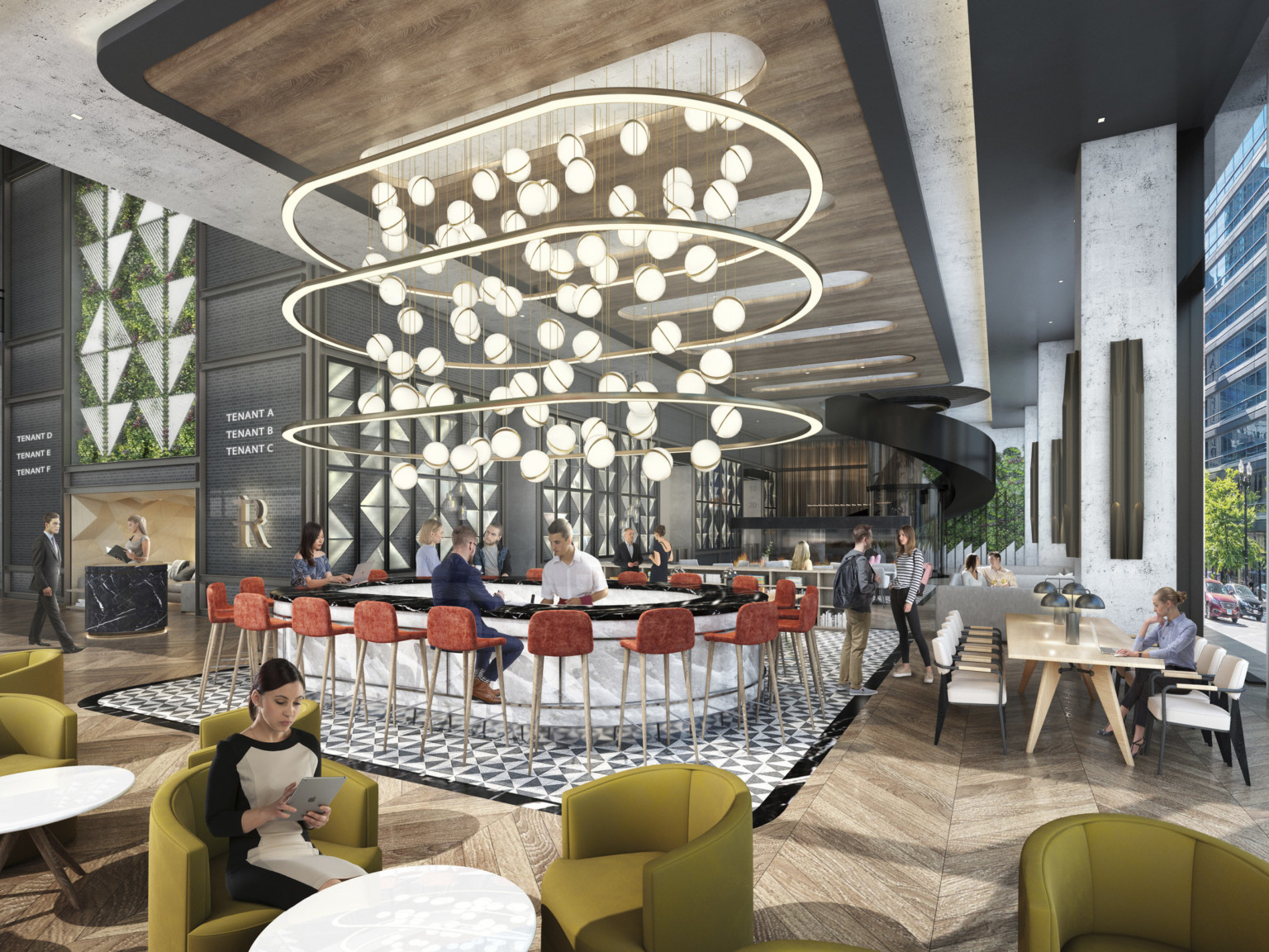 Round white bar with black counter in lobby. Red bar stools, mixed seating. Orbs of light strung above with modern chandelier