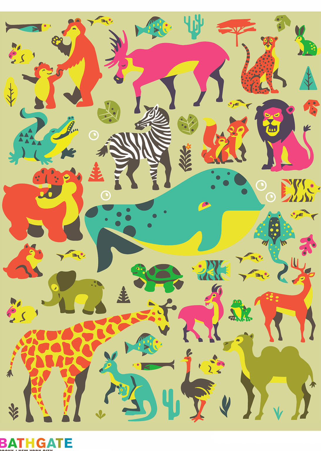 Poster of animals on a yellow green background Poster of animals on a yellow green background