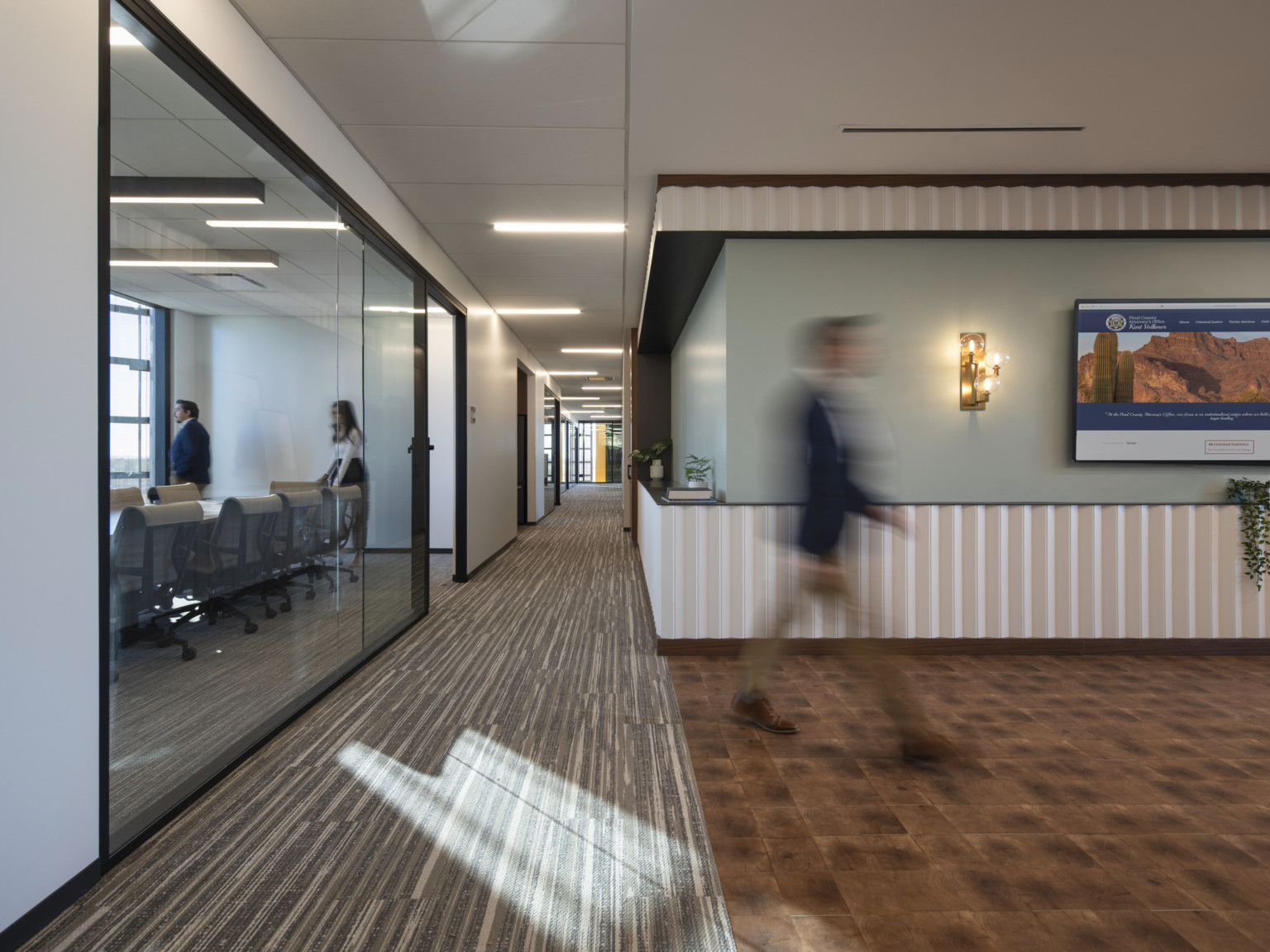 Interior office space with sunlight streaming in, white textural wall with sage recessed section across from transparent room