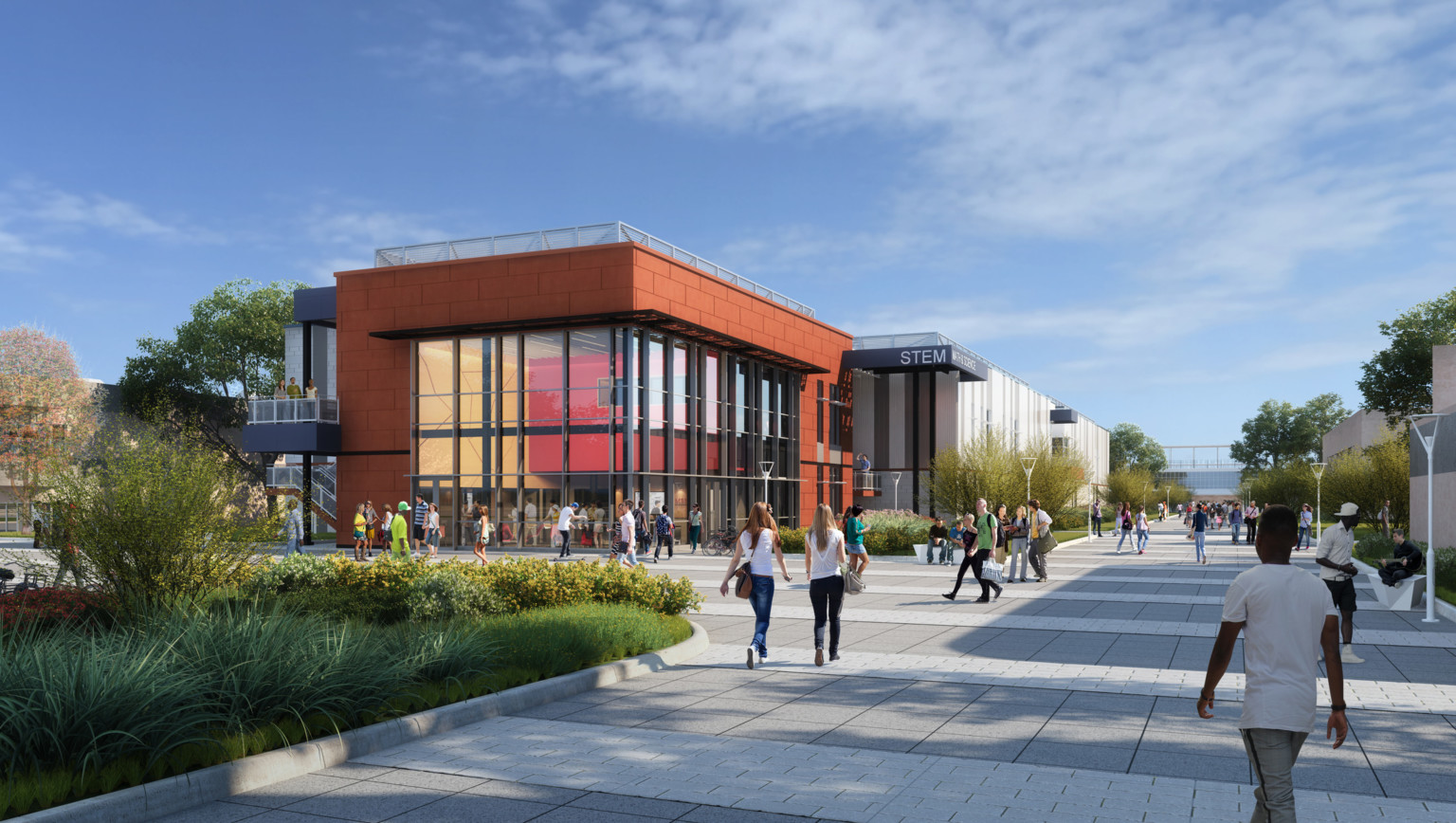 Rendering of Mt. San Jacinto College STEM Facility exterior from corner looking in through double height glass of red building