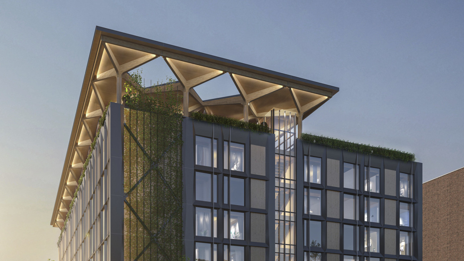 A mass timber midrise hotel with a blackened steel façade and timber infill with an arched timber canopy on a glassed-in rooftop