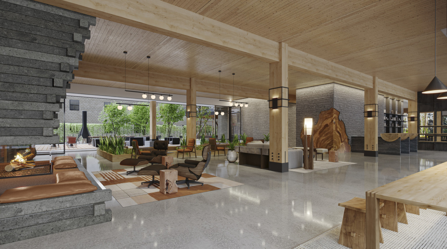 Interior lounge space with comfortable seating in hotel. Exposed wood, floor to ceiling windows with views of natural. Stone fire place. Interior lounge space with comfortable seating in hotel. Exposed wood, floor to ceiling windows with views of natural. Stone fire place.