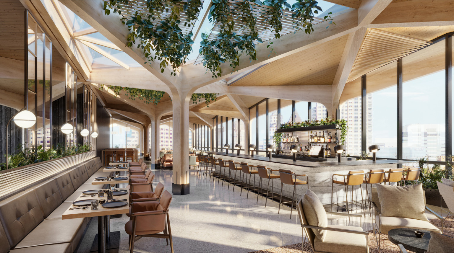 Mass timber hotel rendering. Dining space in restaurant with skylight views and geometric ceiling, green living wall ceiling