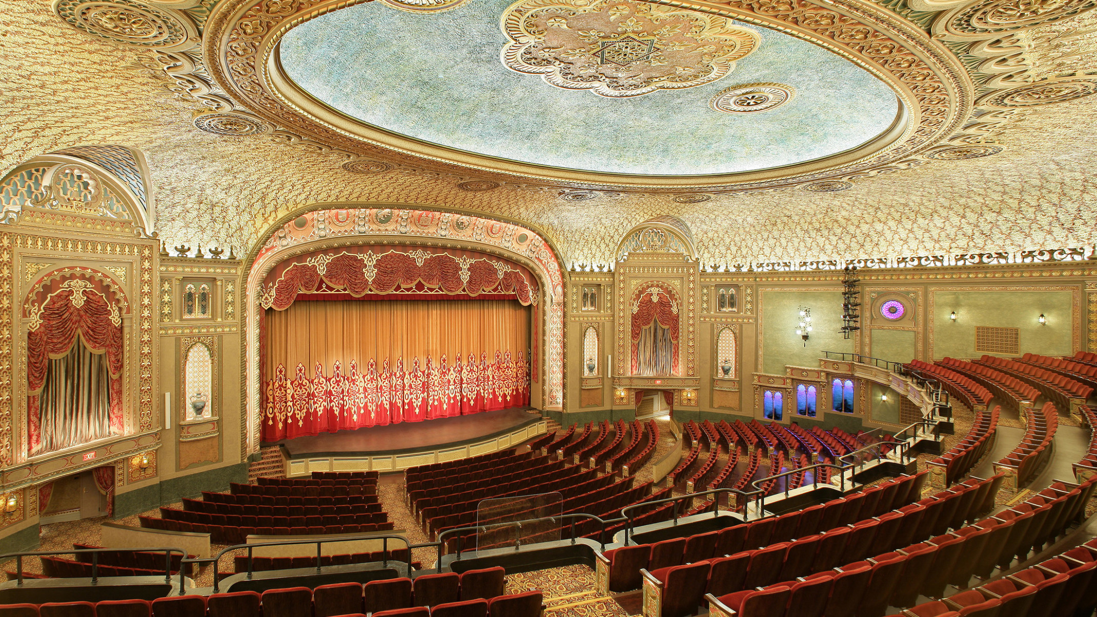 Interior of the Tenessee Theater, seen from the balcony looking to stage. Ornate patterned ceiling with round recessed detail