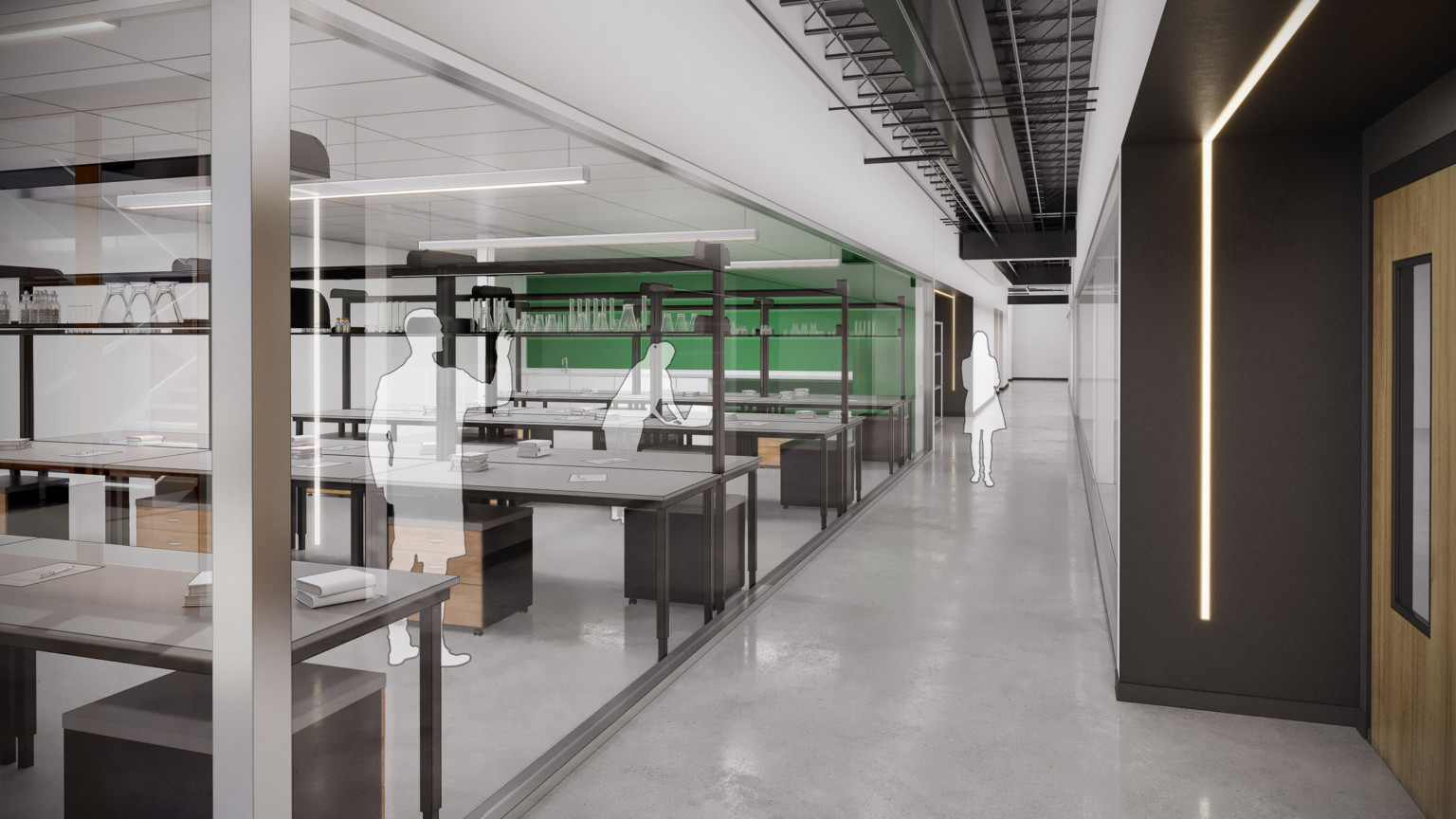 design concept for a science lab with open desking, beakers on open shelves, and a green accent wall design concept for a science lab with open desking, beakers on open shelves, and a green accent wall