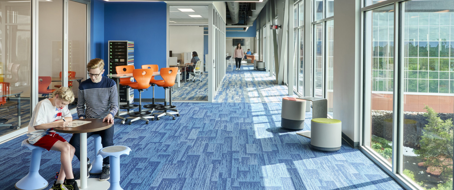 Blue carpeted hall with large windows on right wall. Left, recessed blue wall accent along glass wall looking into classes