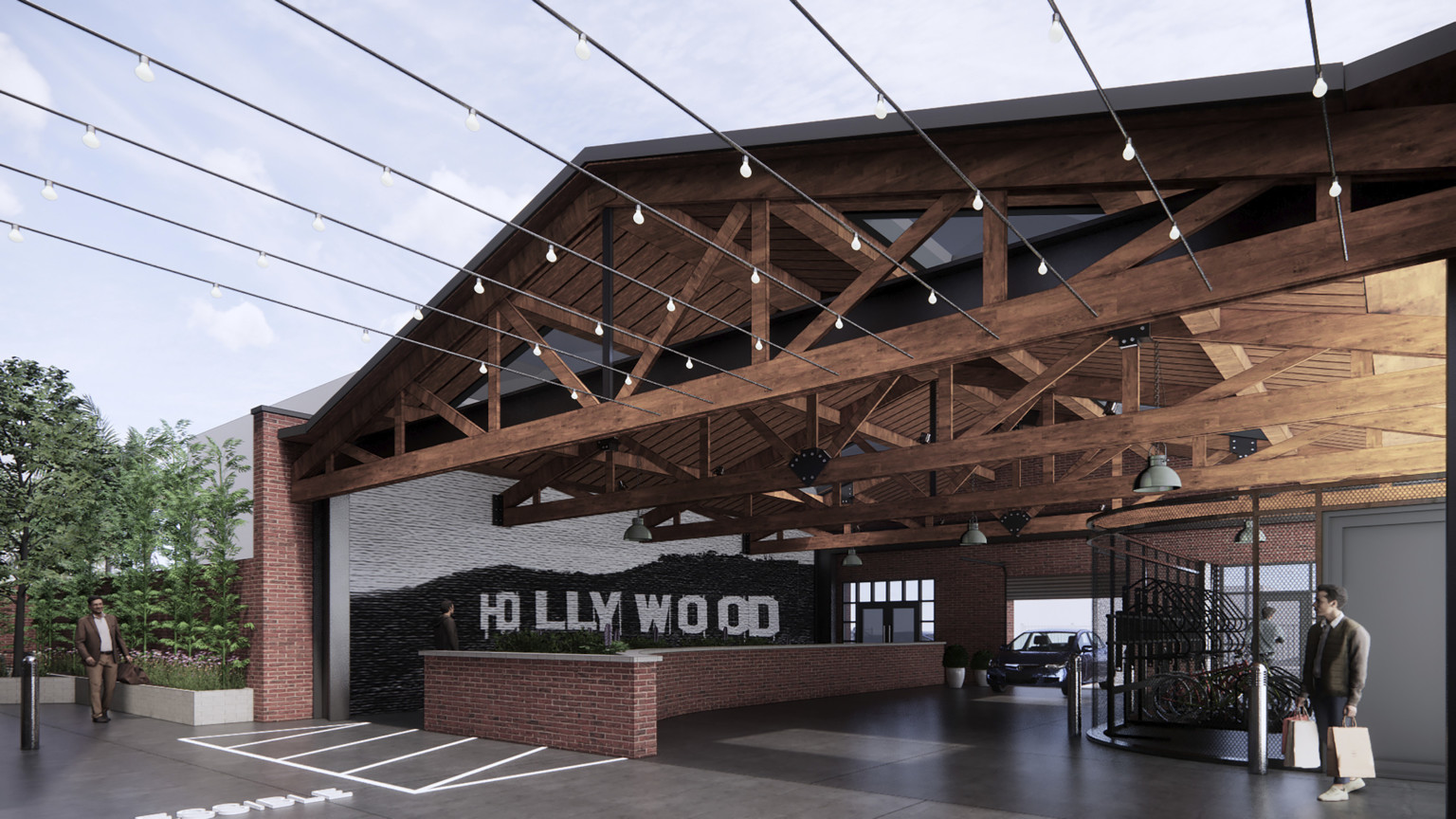 Found Residence at 6422 Selma in Hollywood Los Angeles California rendering of covered open space with Hollywood sign mural