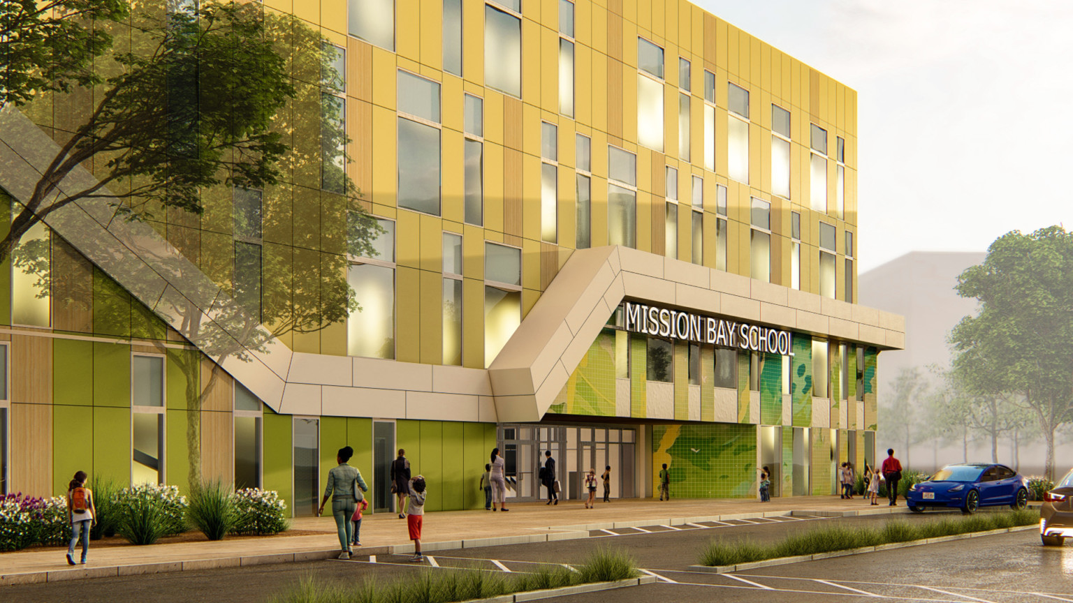 Rendering of Mission Bay School in San Francisco. 3 story building with covered entrance, green accents