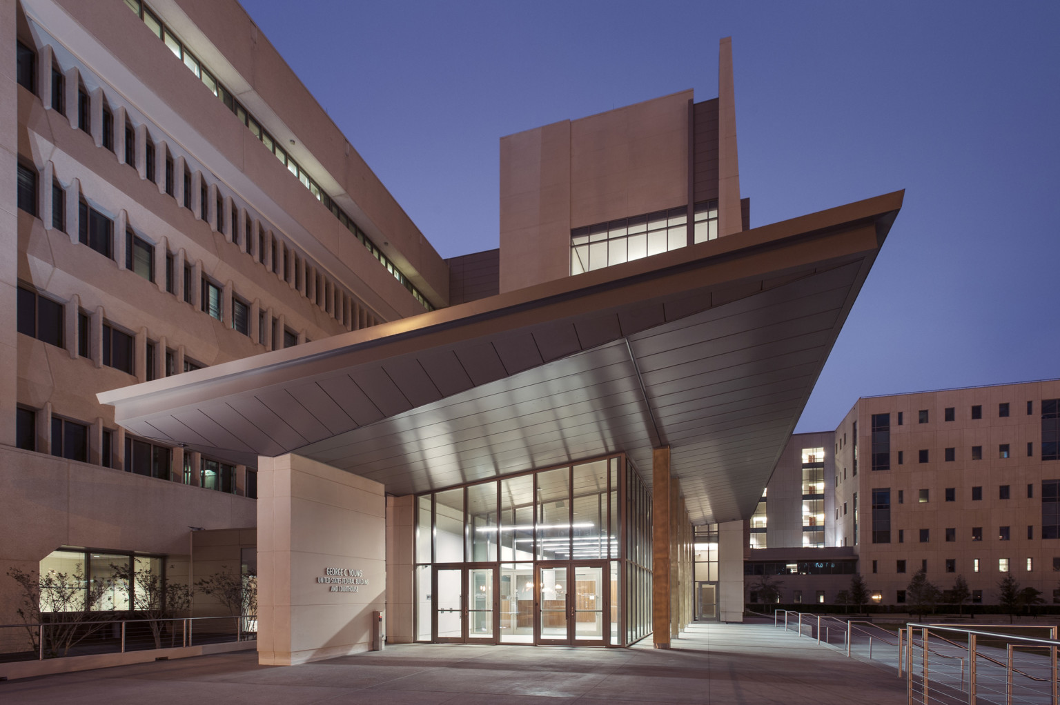 illuminated federal building at night