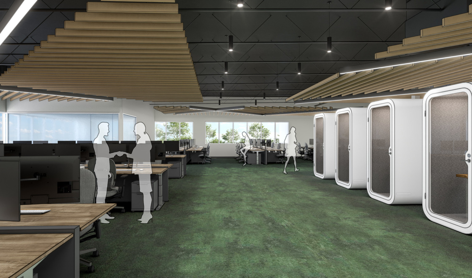 design concept for a workplace with phonebooth pods, green carpet, and wood desking