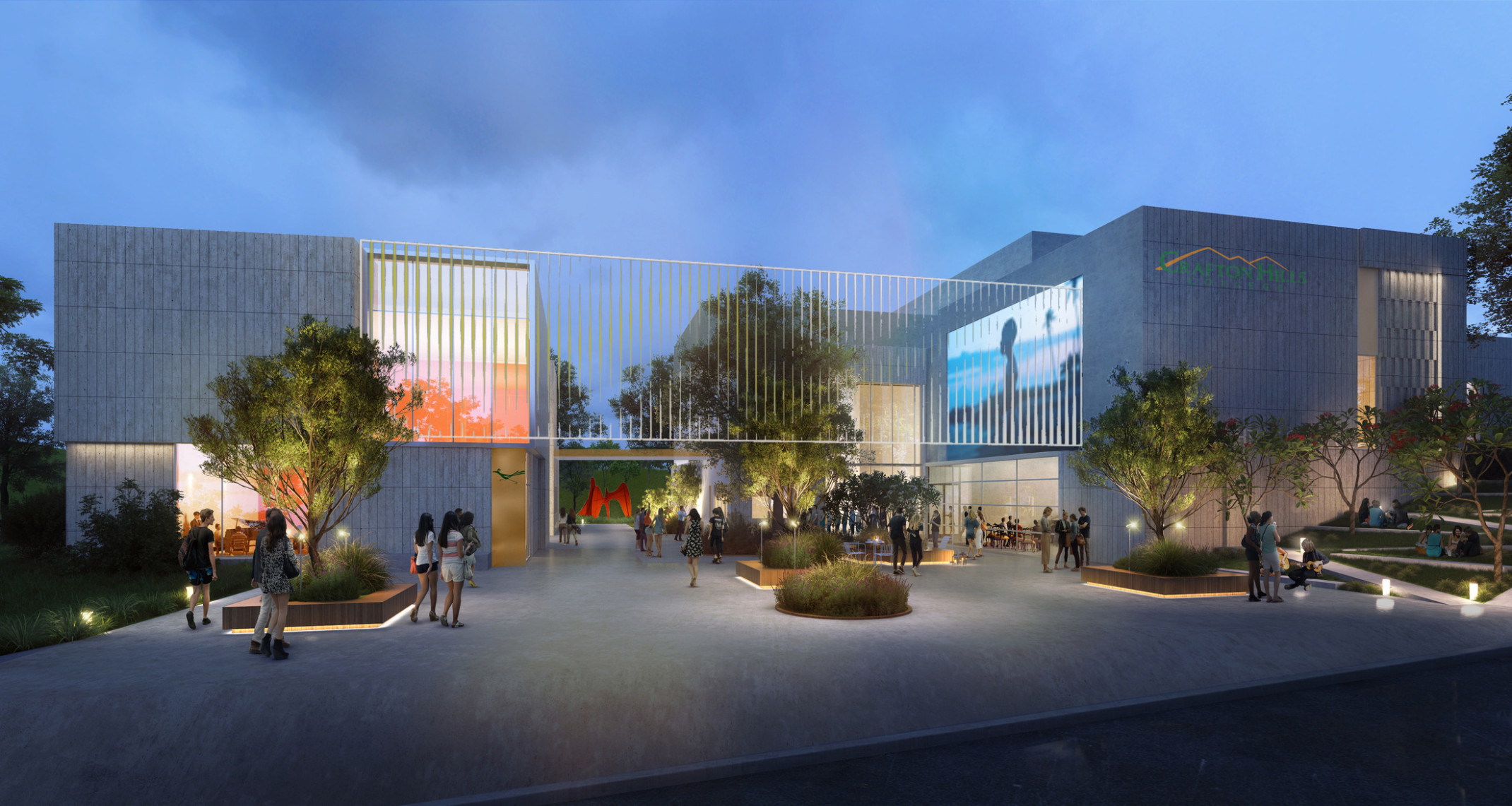 Rendering of the Crafton Hills College PAC showing two grey stone buildings connected with a railing with lush landscaping lit by lights