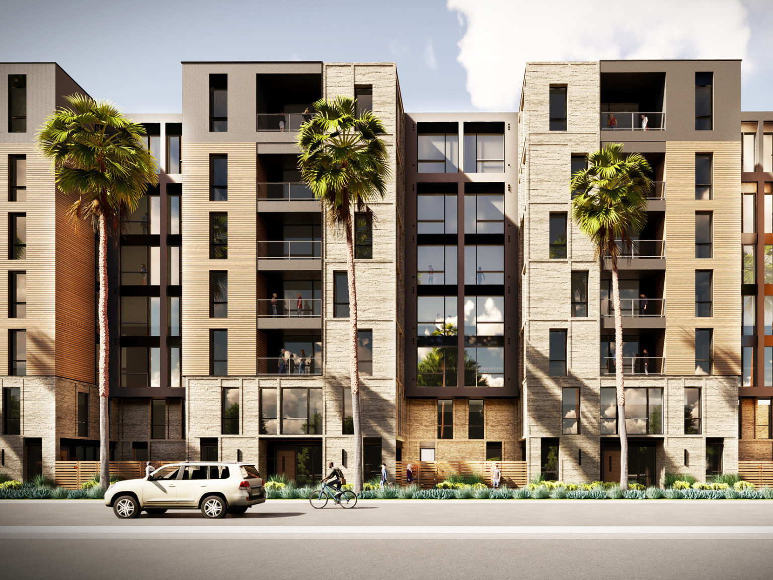 Exterior of 7 story mixed use residential brick building with large windows and balconies on each unit. Lined with palm trees