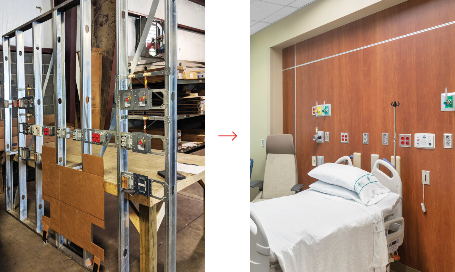 Before and after images of wall of room during the construction process and completed with hospital bed in front of it Before and after images of wall of room during the construction process and completed with hospital bed in front of it