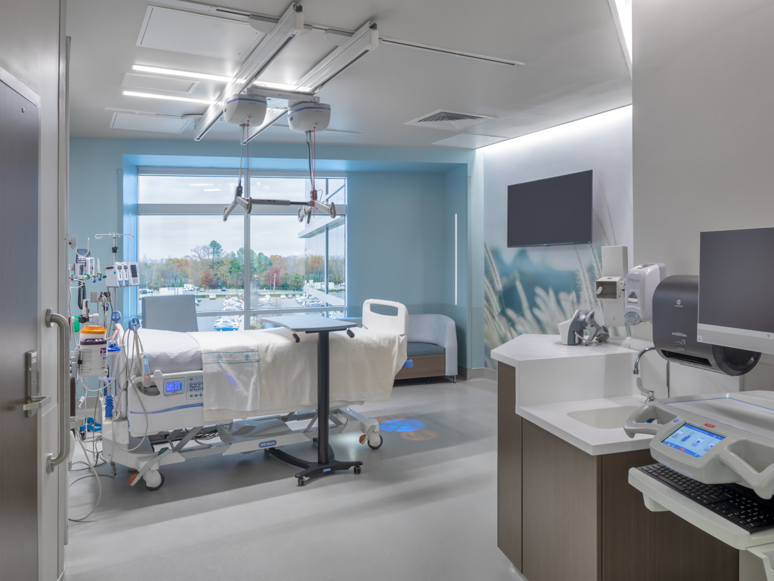 Hospital room with bed beside large window. Mural of grain on right wall with screen