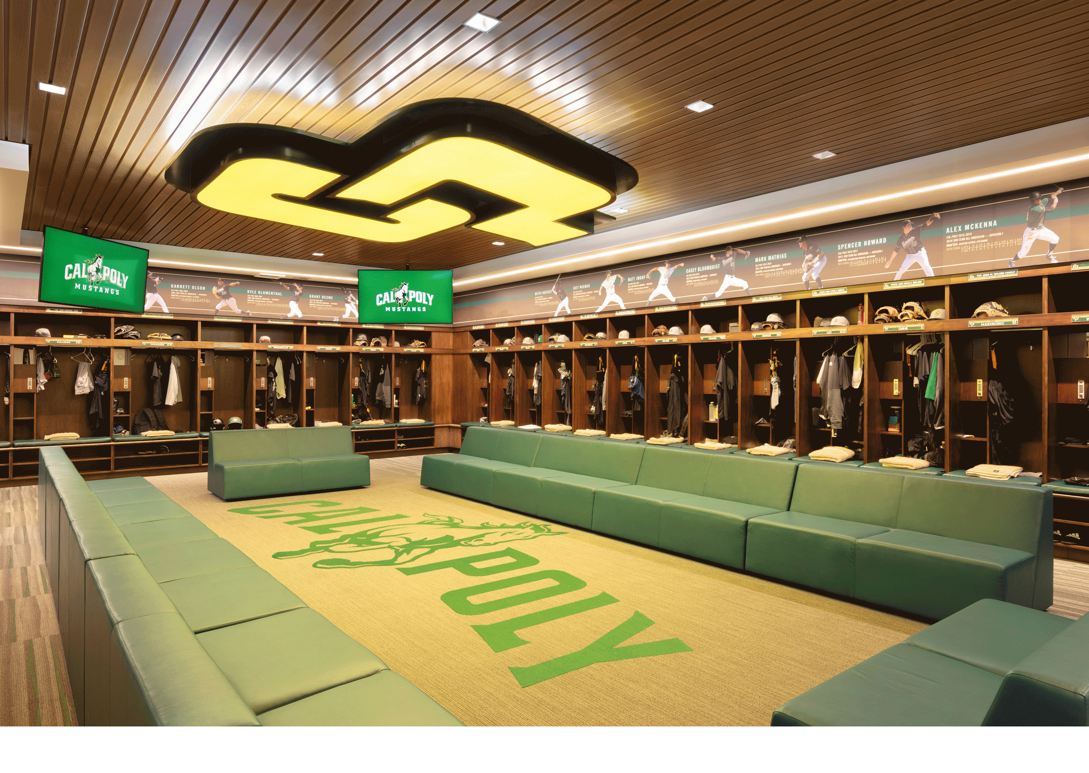 experiential graphic design installation at the Cal Poly Dignity Health Baseball Clubhouse