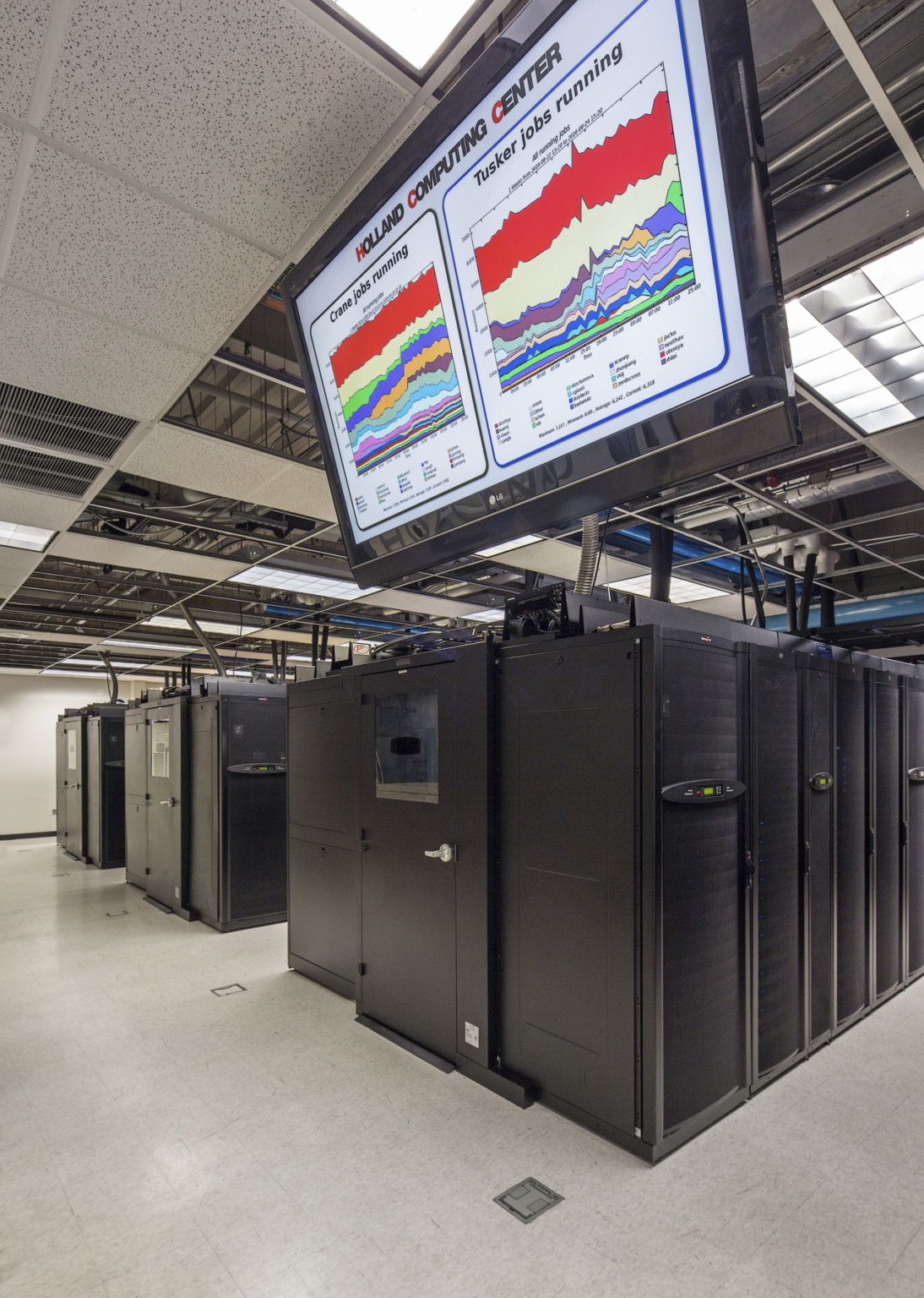 3 groups of black lockers under a large screen and drop screen with partial lighting section and partial open access areas