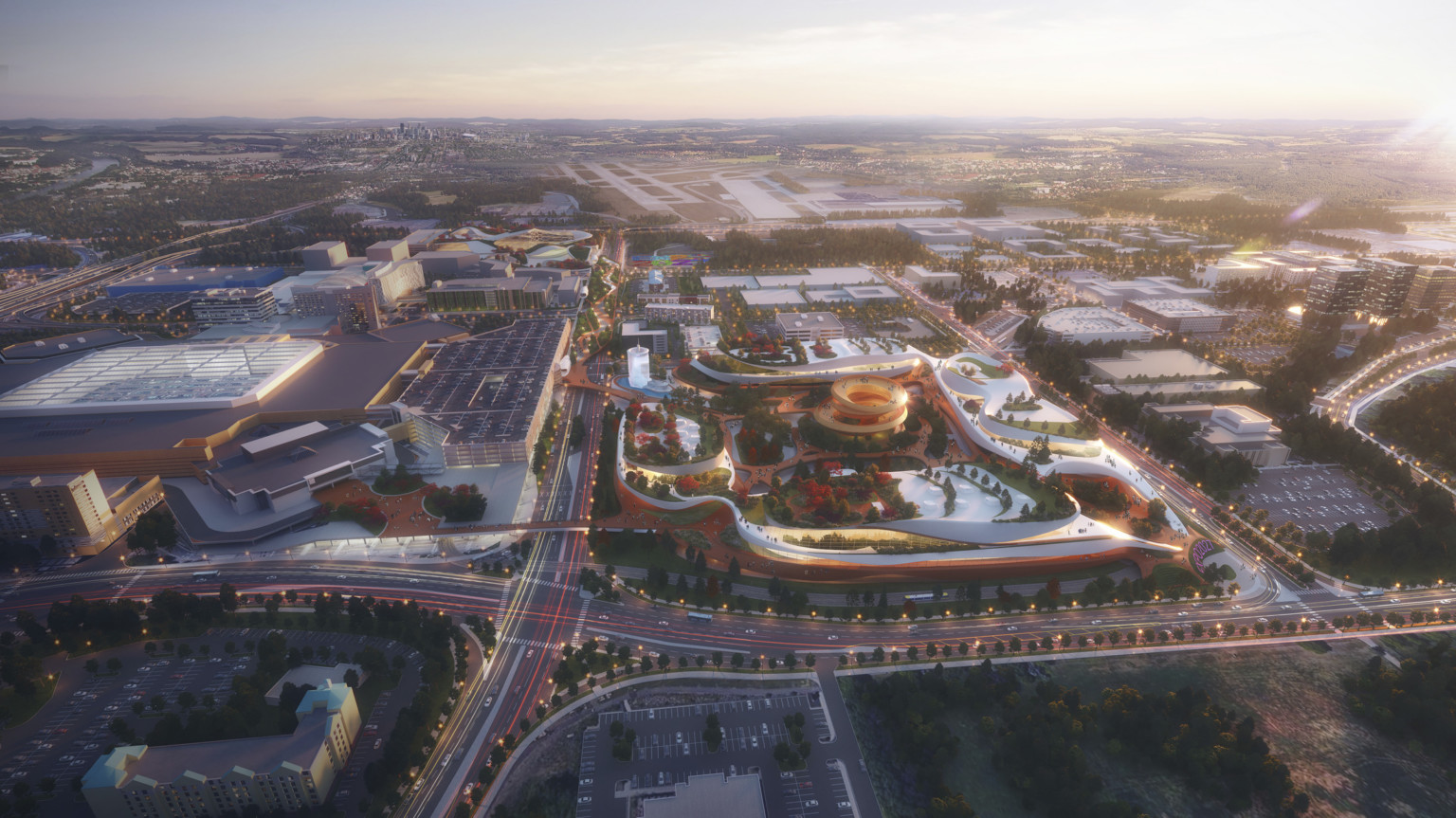 gridded master plan with vehicular street divisions and large commercial buildings and tree linings with city beyond