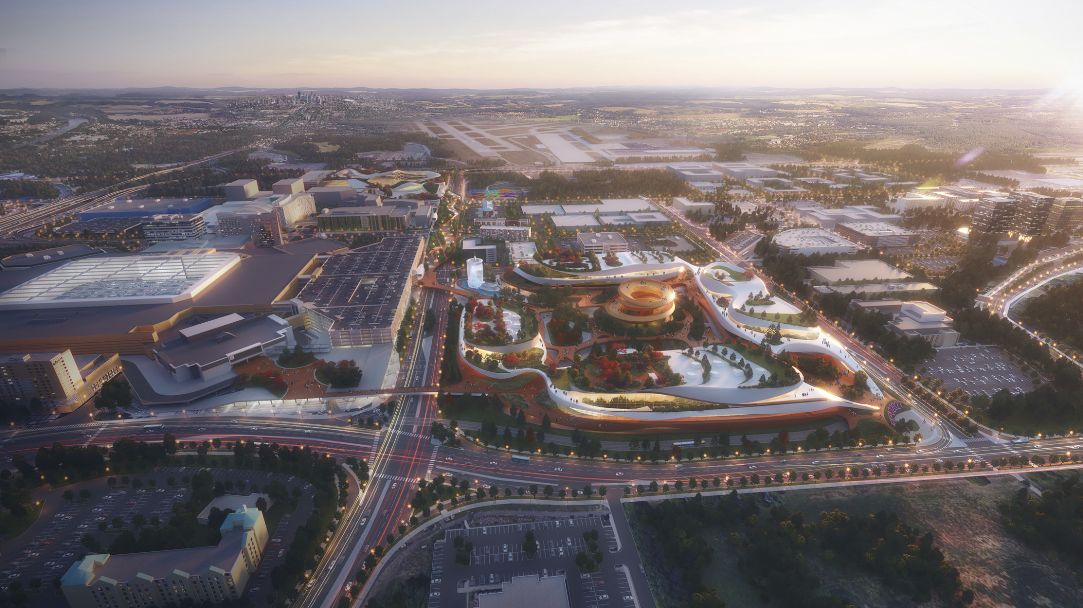 gridded master plan with vehicular street divisions and large commercial buildings and tree linings with city beyond