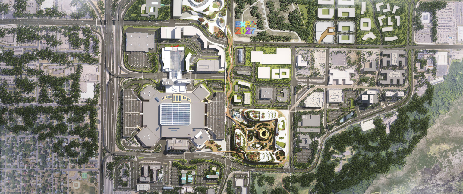 gridded master plan with vehicular street divisions and large commercial buildings and tree linings