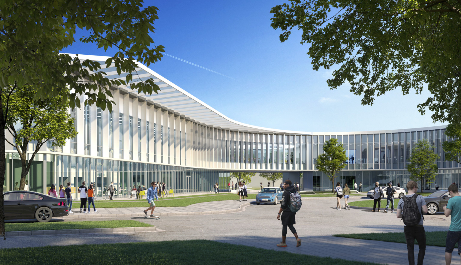 San Jose Evergreen Valley College Student Services building rendering, paneled white wrap facade over floor to ceiling windows