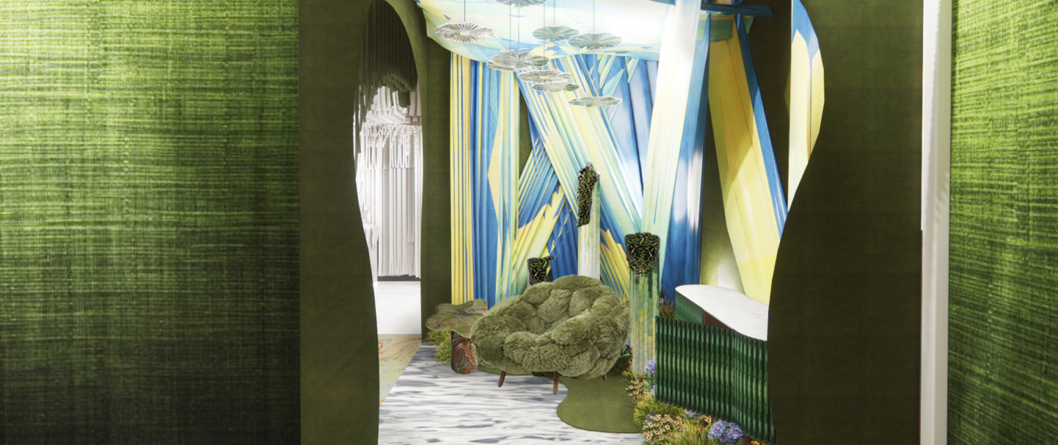 Green fabric wrapped doorway to blue and green interior room with hanging organic shapes over green furry chair and natural accents