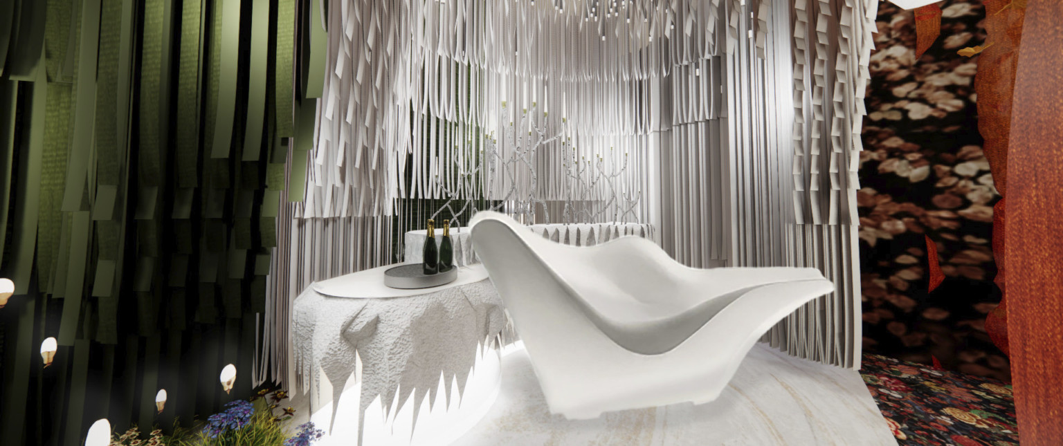 Rendering of installation space for BDNY event from DLR Group. Green and red textural walls with white and purple accents