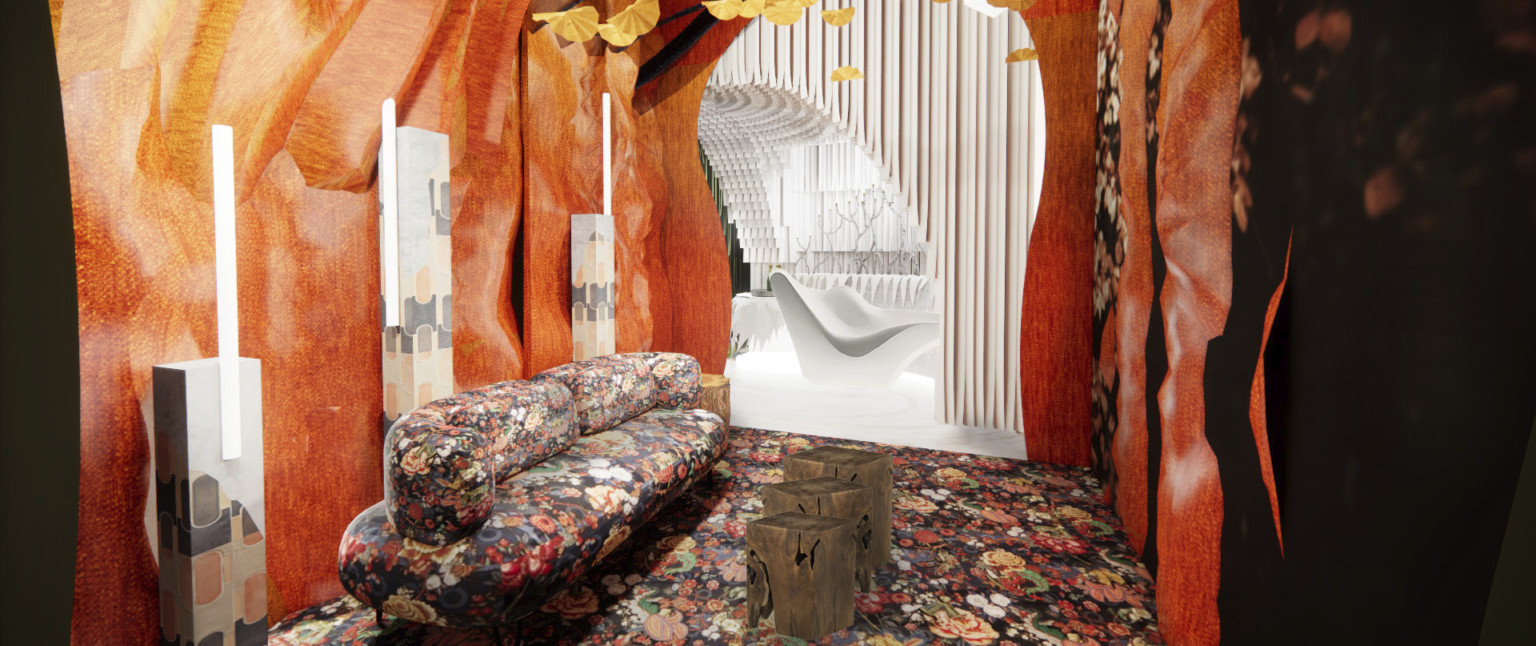 Orange hallway in installation with floral couch and floor. Organic abstract hanging items. Exit to white room with abstract chair