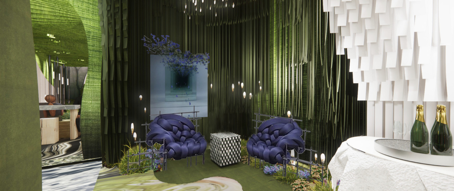 Rendering of installation space for BDNY event from DLR Group. Green textural walls with white and purple accents
