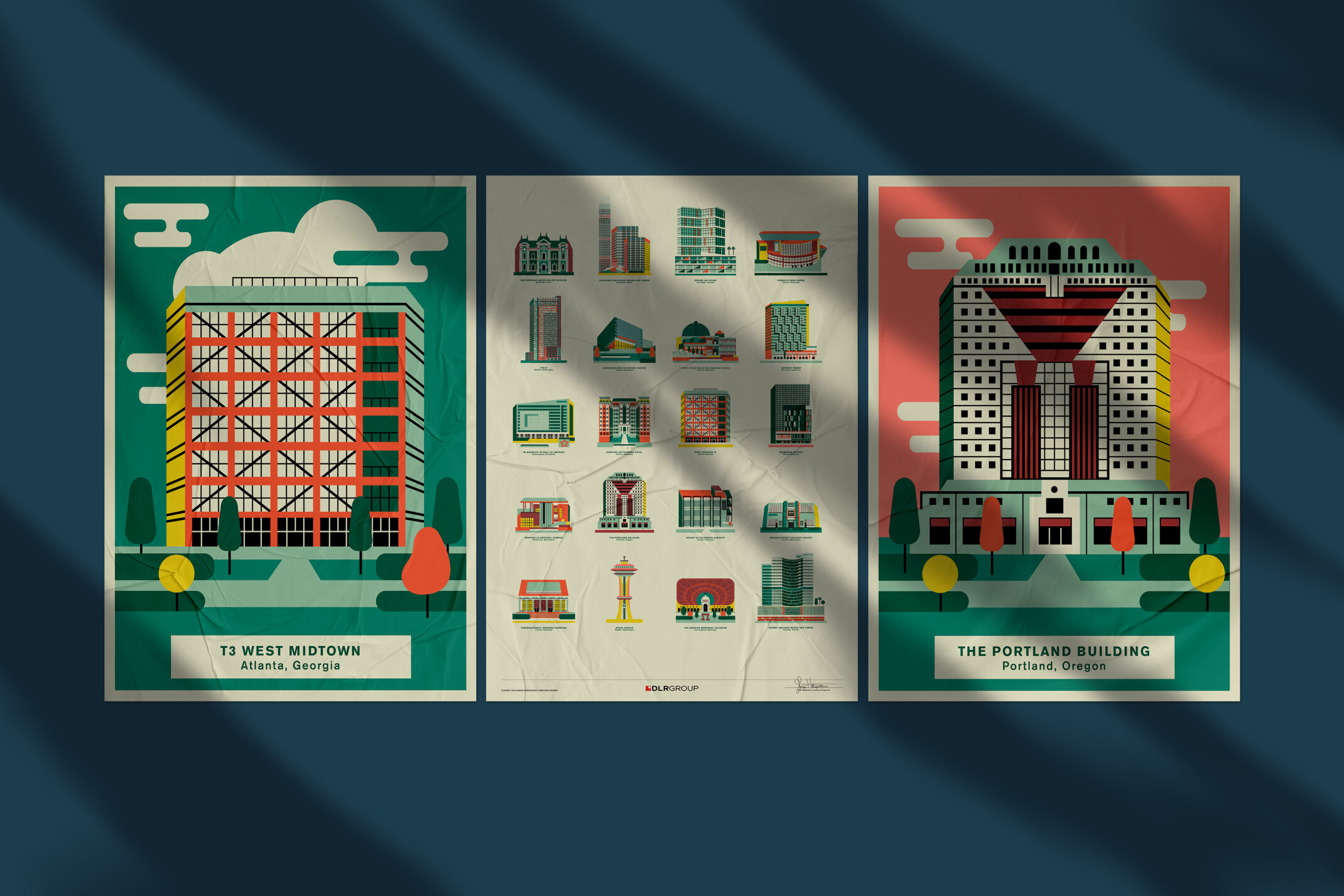 DLR Group designed buildings in a stylized poster series DLR Group designed buildings in a stylized poster series